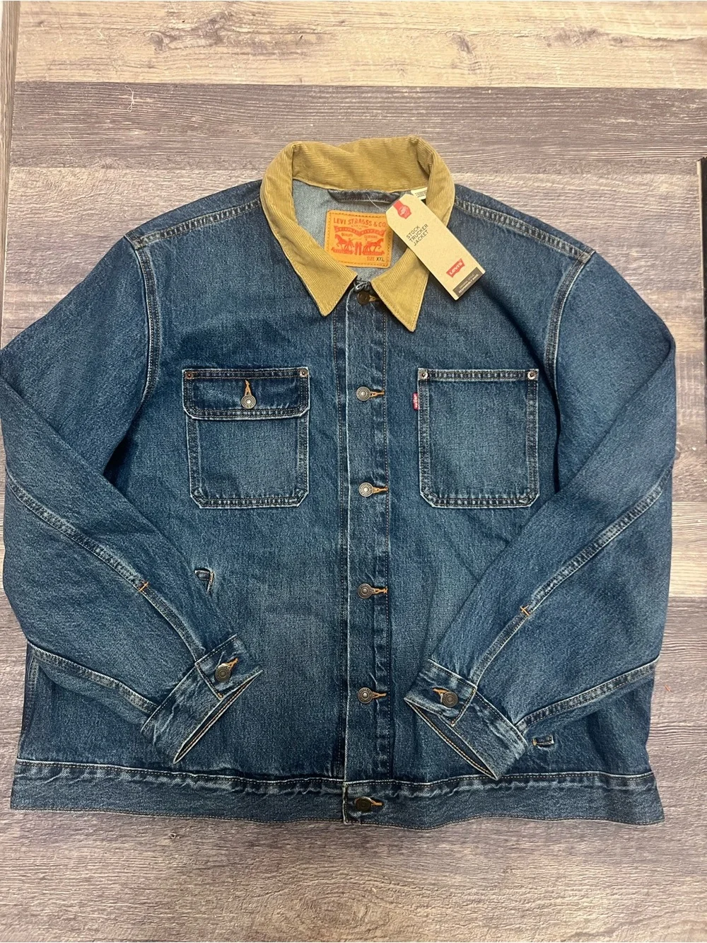 Levi's Men's Blue Denim Stock Trucker Jacket with Tan Corduroy Collar